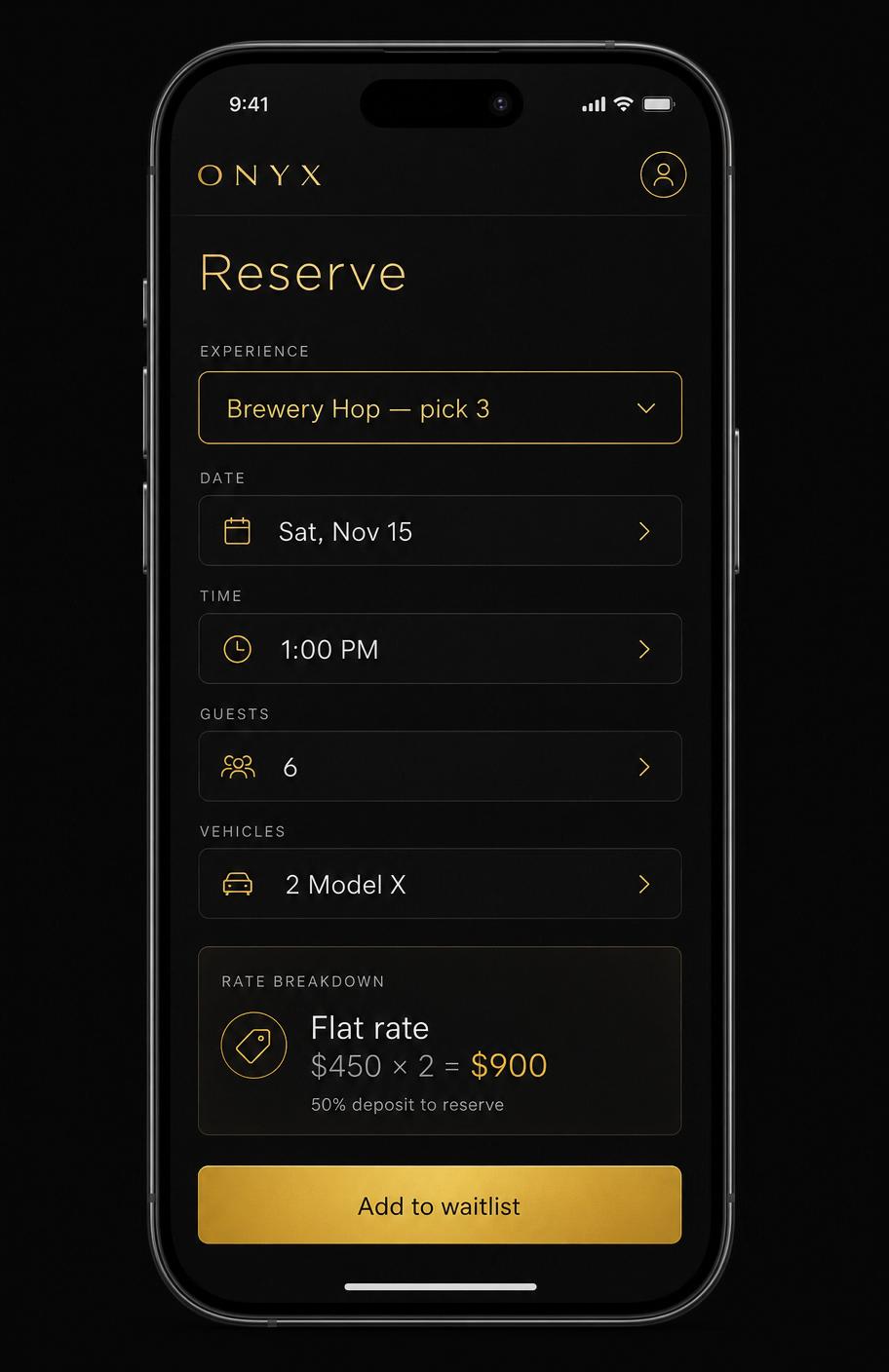 Onyx app — Reserve screen showing Brewery Hop experience booking flow