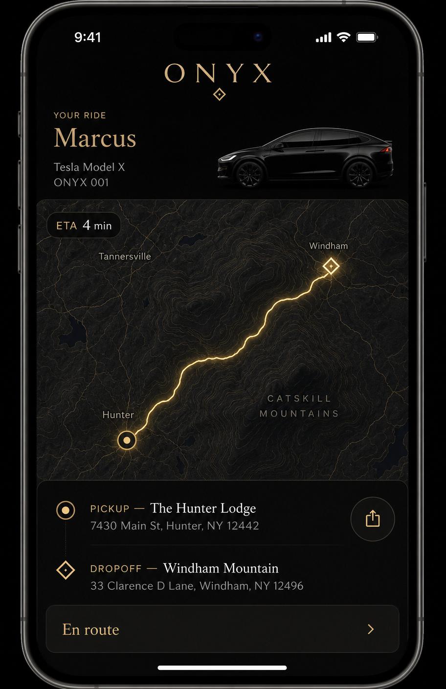 Onyx app — Live tracking screen with Tesla Model X en route through the Catskills