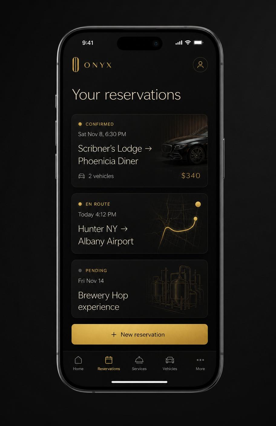 Onyx app — Your reservations list with confirmed and en-route trips