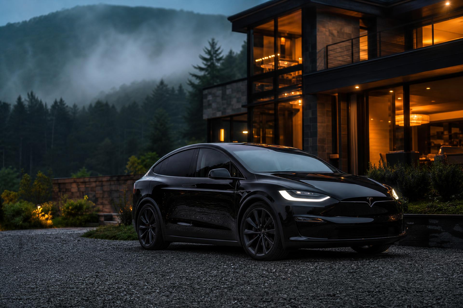 Black Tesla Model X at a Catskills modern home