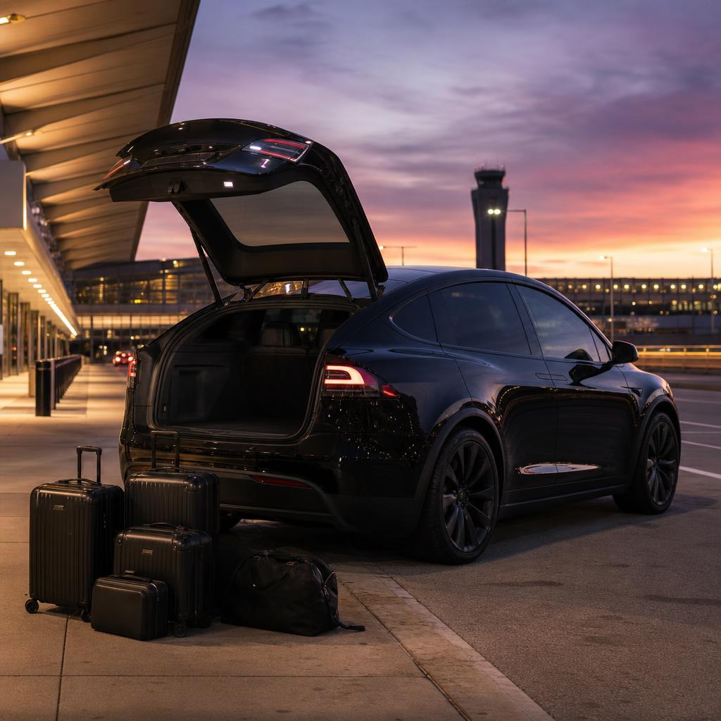 Black Tesla Model X at airport arrivals with luggage loading