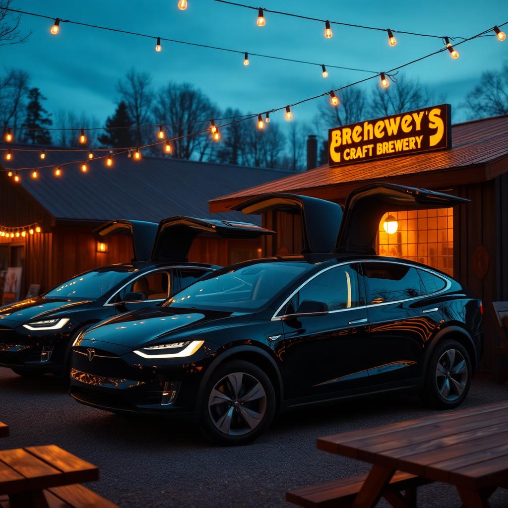 Black Tesla Model X caravan outside a Catskills brewery at golden hour
