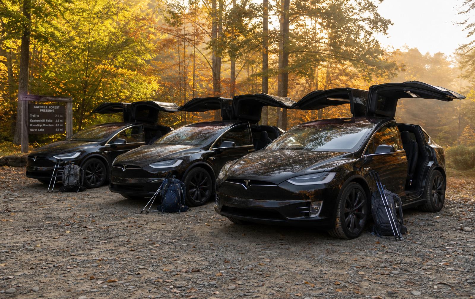 Three black Tesla Model X at a Catskills hiking trailhead