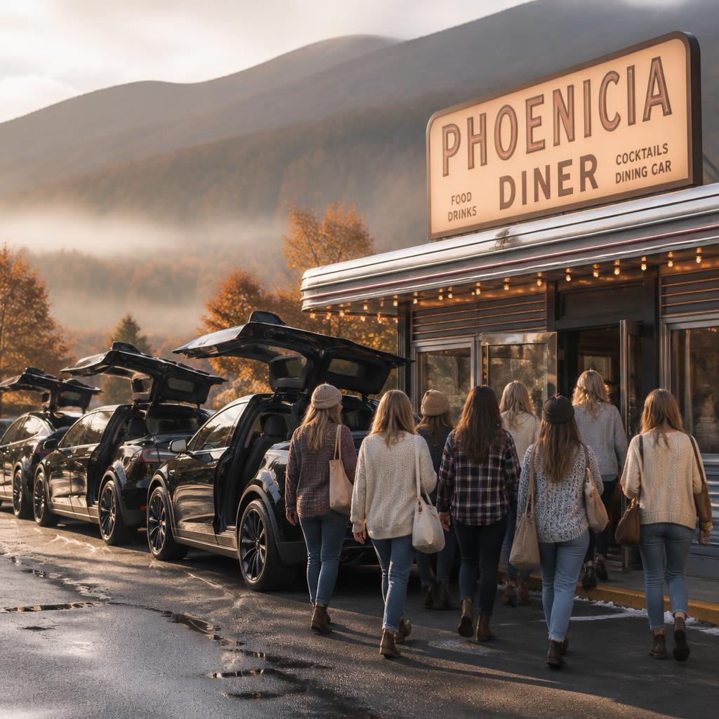 Four black Tesla Model X with falcon doors open at Phoenicia Diner brunch