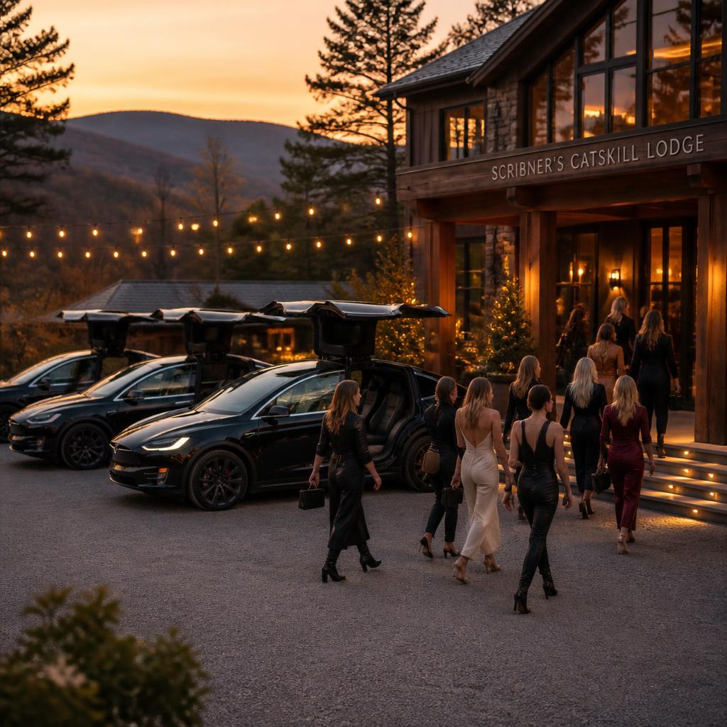 Three black Tesla Model X with falcon doors open at Scribner's Catskill Lodge