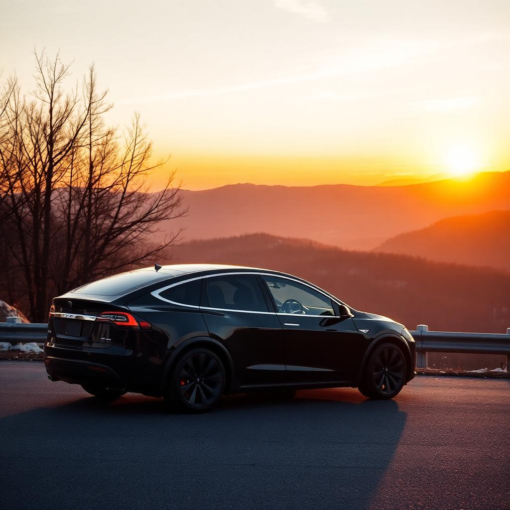 Black Tesla Model X on a Catskills road heading back to the city